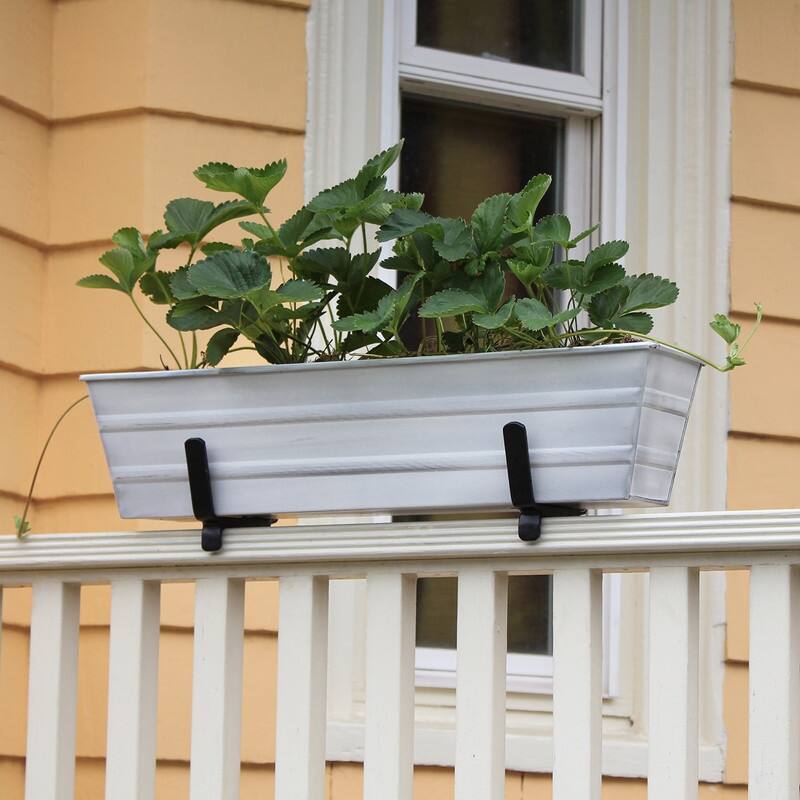 Achla Designs Small Galvanized Steel Flower Box Planter With Brackets for 2 x 4 Railings, 22 Inch Wide