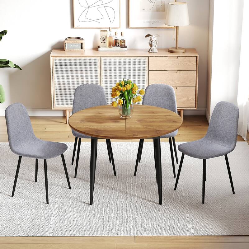5 Piece 42-52" Extendable Round Dining Table Set with 4 Linen Chairs, Adjustable Home/Office Table Set for Small Spaces, Seats 4