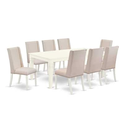 Antique Accents 9-Piece Dining Set - Kitchen Table with 8 Parson Chairs - Linen White Finish - Solid Wood Frame - 84