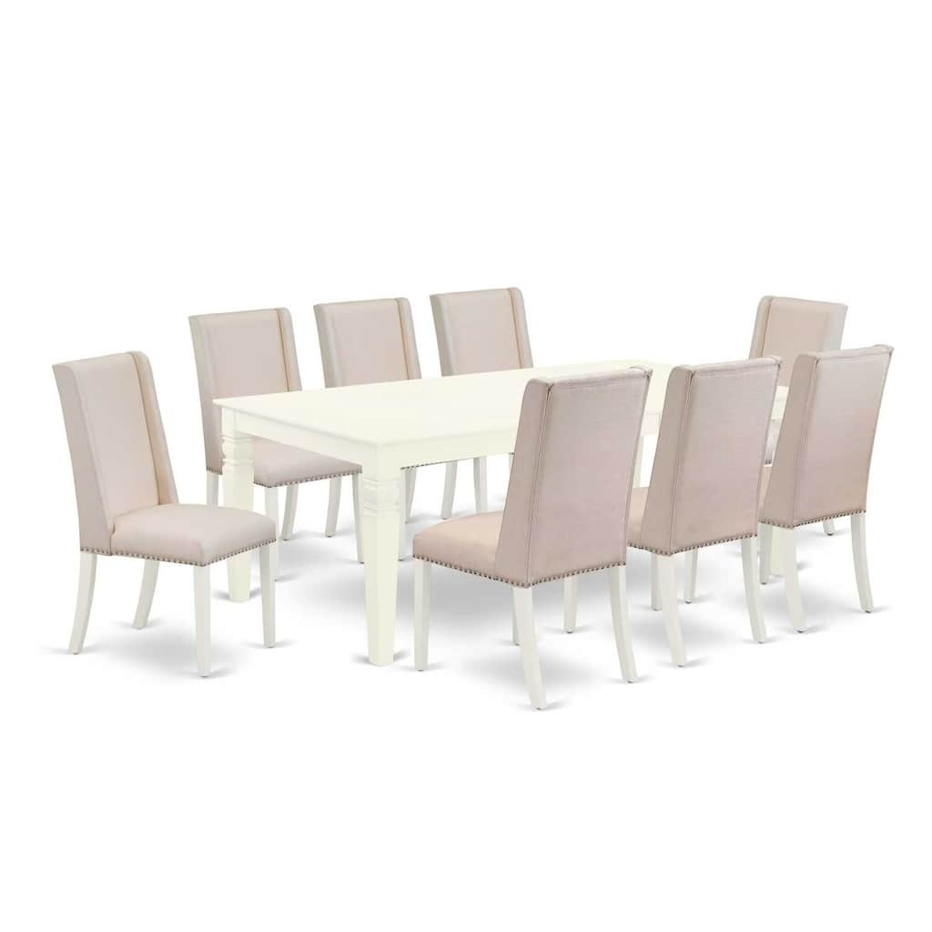 Antique Accents 9-Piece Dining Set - Kitchen Table with 8 Parson Chairs - Linen White Finish - Solid Wood Frame - 84