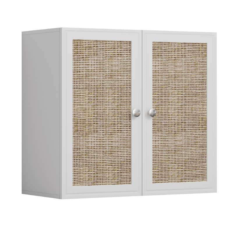 Rattan Wall Cabinets with Adjustable Shelf & LED Light - White
