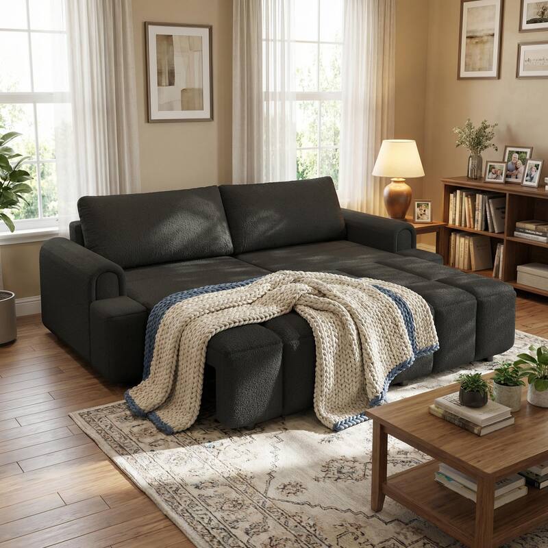 Homy Casa 90" 4-Seater Teddy Fabric Sofa with Hidden Seat Storage, 3-in-1 Convertible Sleeper Couch, Beige/Grey/Black