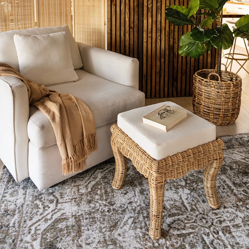 Praerie 19.7" Woven Rattan/Wood Vanity Stool, White Cushion with Natural Frame, by JONATHAN Y - 19.68"
