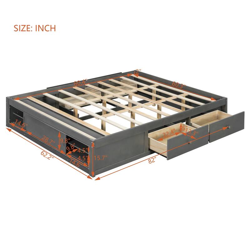 Queen Size Platform Bed Open Frame with Footboard Storage and 4 Drawers
