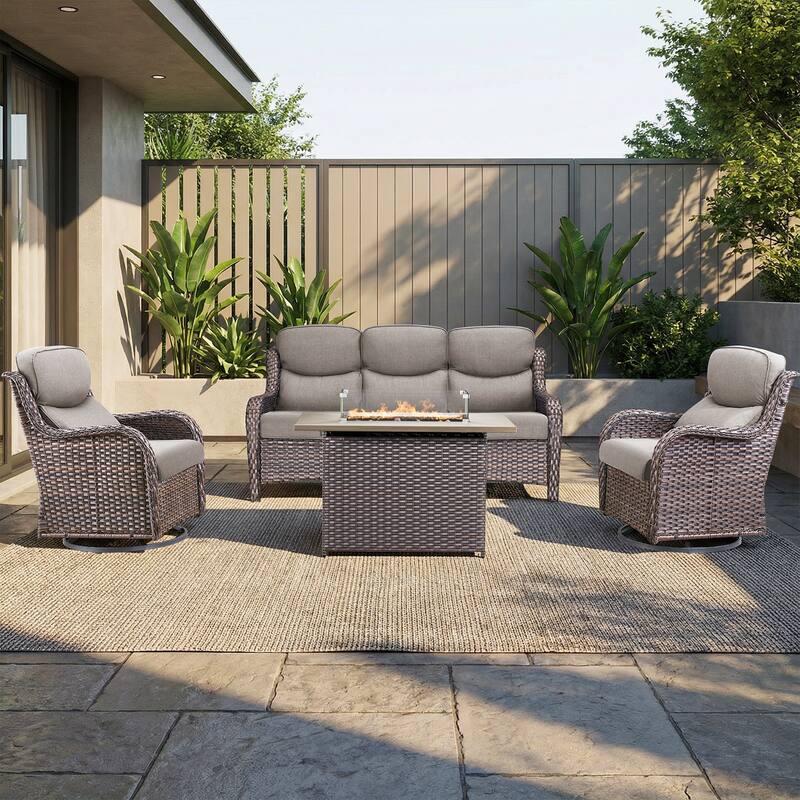 Pocassy Outdoor Fire Pit Sofa Swivel Chairs Conversation Set - Brown Wicker Gray Cushion - 4-Piece Sofa Swivel Chair w/ Fie Pit Table