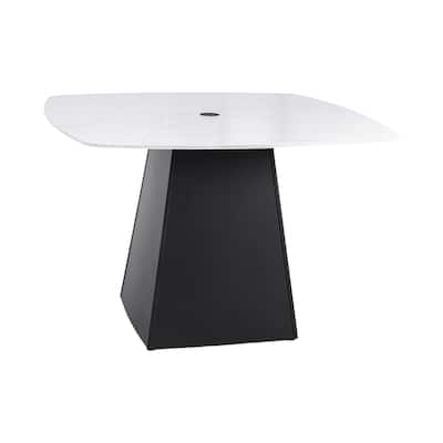 Modern Outdoor Dining Table (44"×44" Squircle) – White Marble-Look Sintered Stone Top with Detachable Ember Black Aluminum Base‌