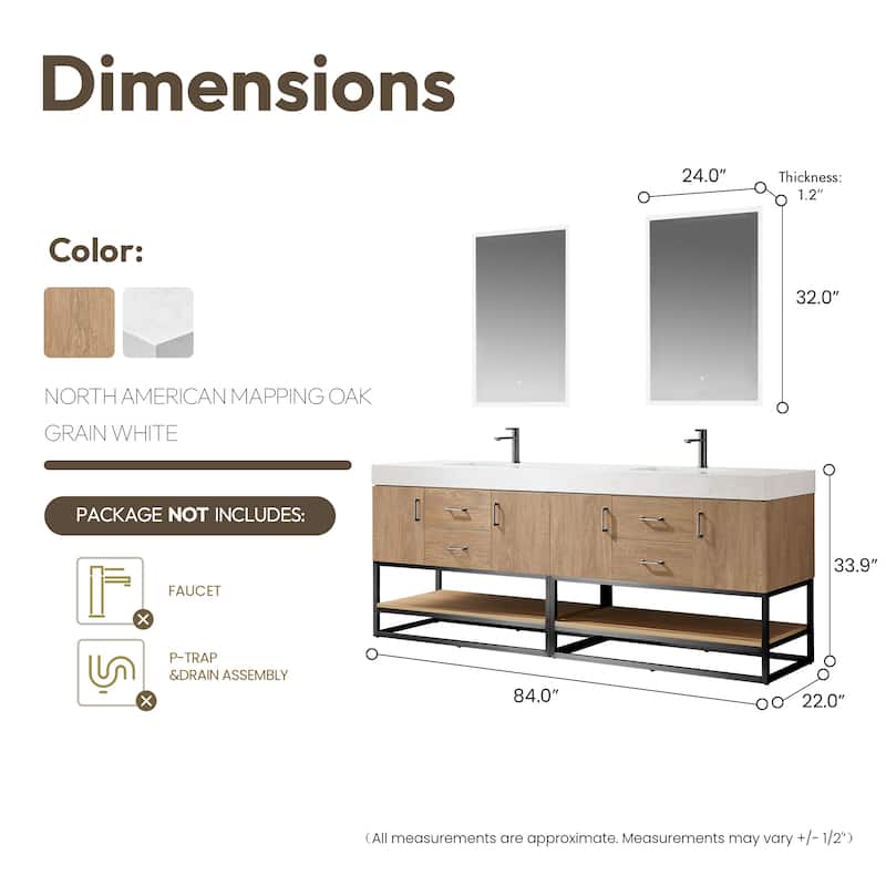 Alistair 84" Double Vanity with White Grain Stone Top and Mirror - 84" x 22"