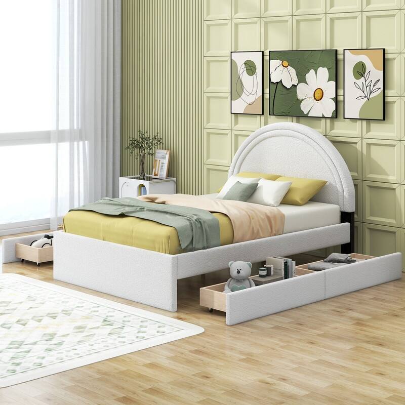 White Full White Upholstered Platform Bed with 4 Drawers, Easy Assembly