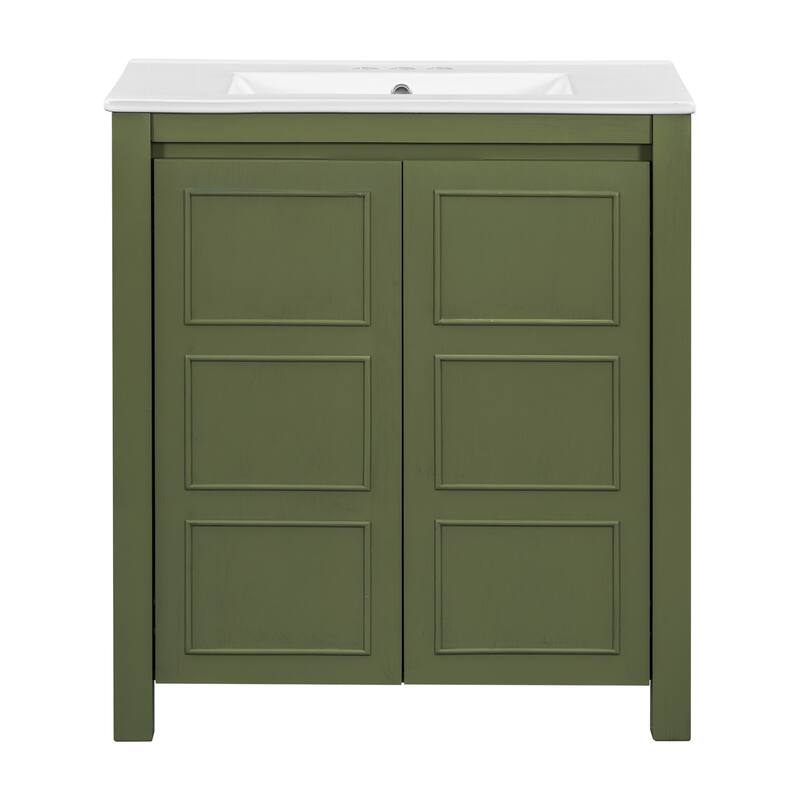 30" Rustic Bathroom Vanity with Ceramic Sink, Soft-Close Doors & Adjustable Shelf, Espresso Storage Cabinet, Modern Wood Frame