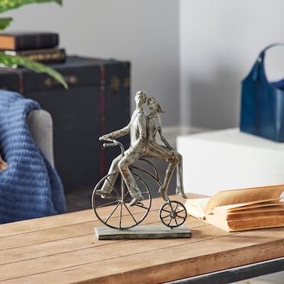 Gray Polystone People Sculpture with Bike - 9 x 5 x 13