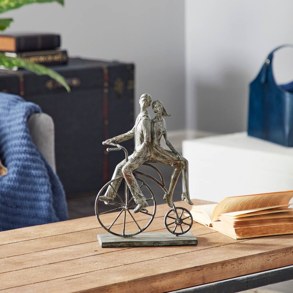 Gray Polystone People Sculpture with Bike - 9 x 5 x 13