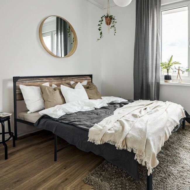 Metal Platform Bed Frame with Wooden Headboard
