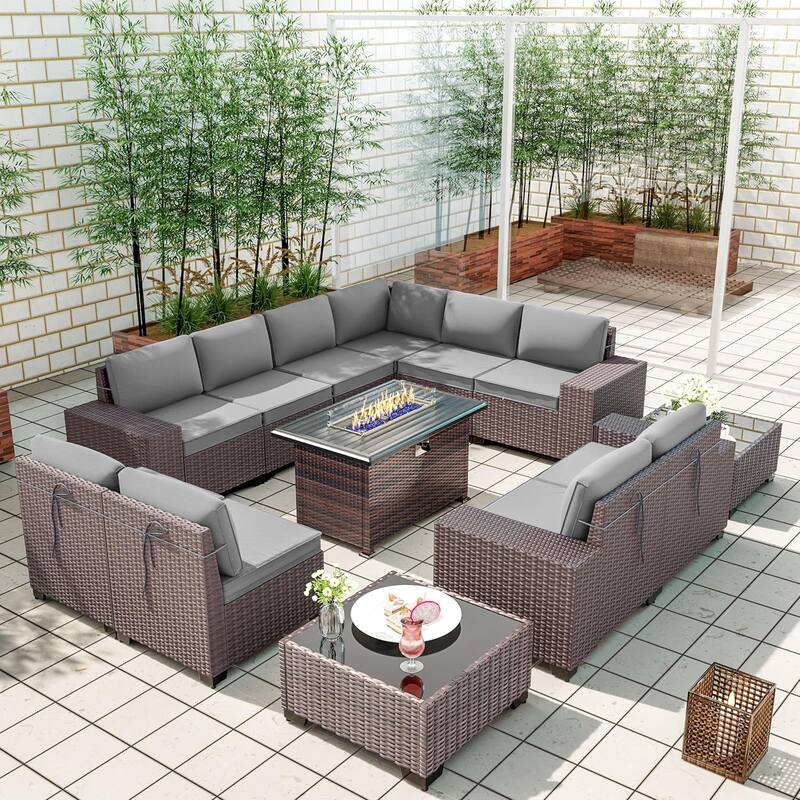 Delnavik 13 Pieces Outdoor Patio Furniture Set with Fire Pit Table w/ Wide Armrests