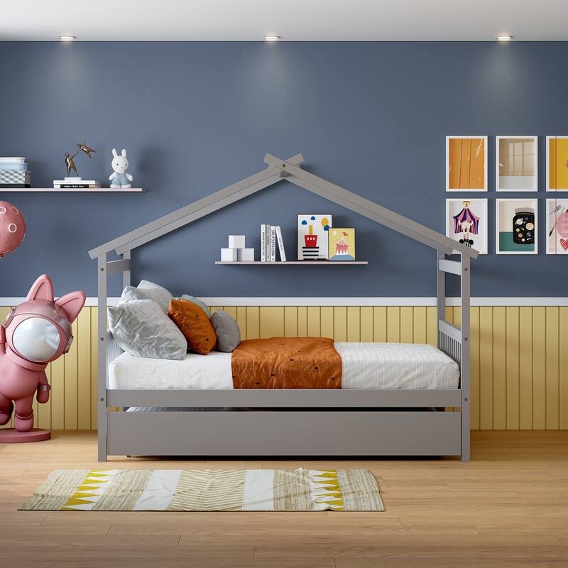 Full Size Wooden House Bed with Twin Size Trundle - Grey