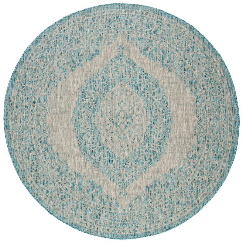 SAFAVIEH Courtyard Thoma Medallion Indoor/ Outdoor Waterproof Patio Backyard Rug - 6'7" Round - Light Grey/Aqua