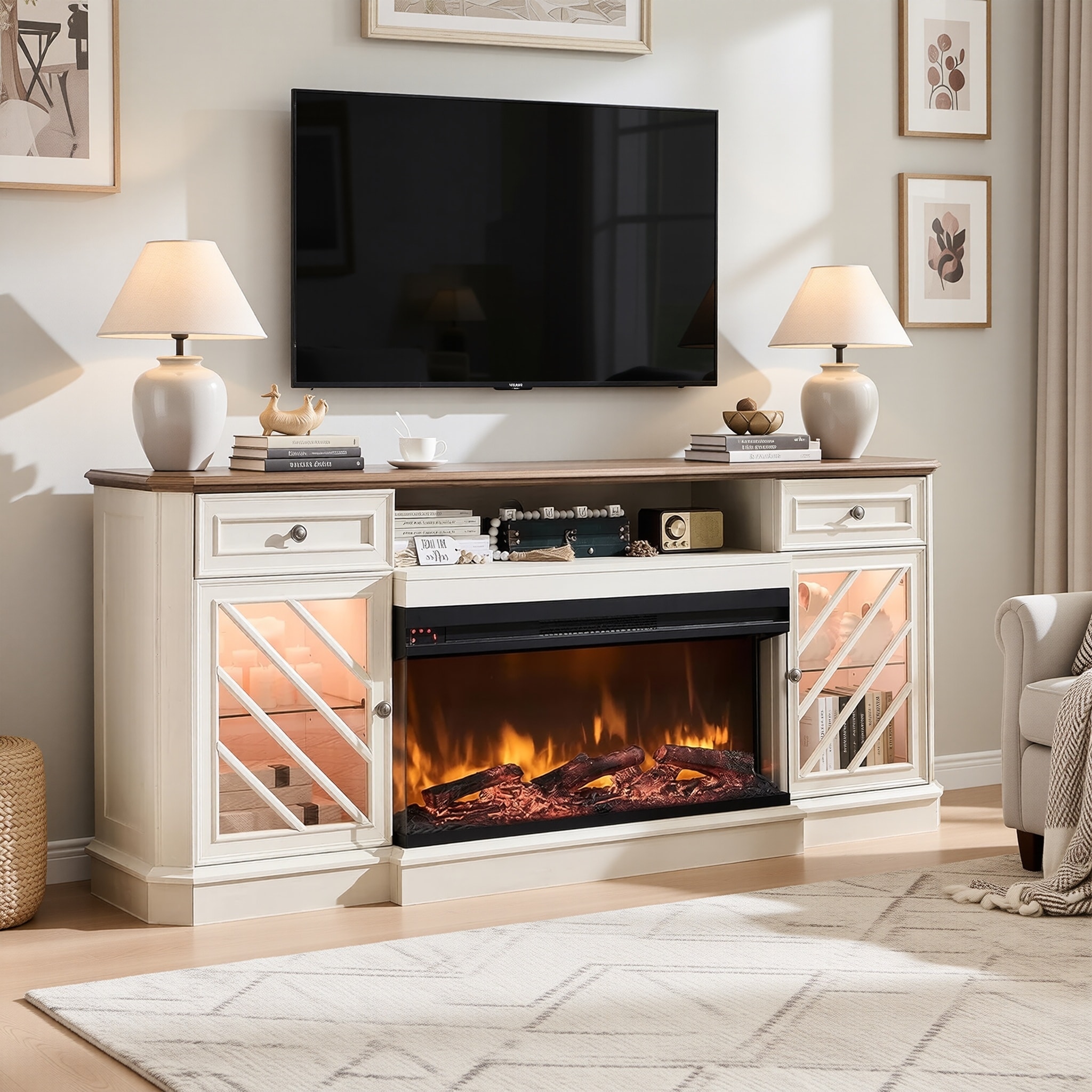 日立 32V型 TVL32-HP07サブスク対応 Fire Stick セット Farmhouse TV Stand with 3-Sided Fireplace, Entertainment Center