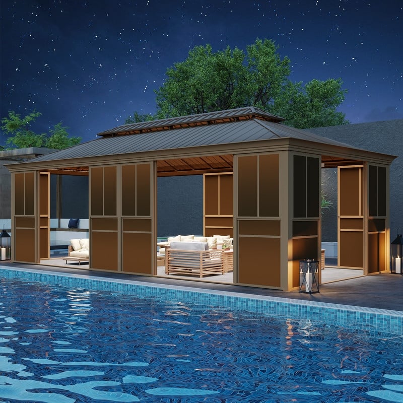 Hardtop Sunroom with Double Steel Roof, Sliding/Lockable Doors & Screens - All-Season Rustproof Aluminum Frame,Advanced Drainage - 12'x28'