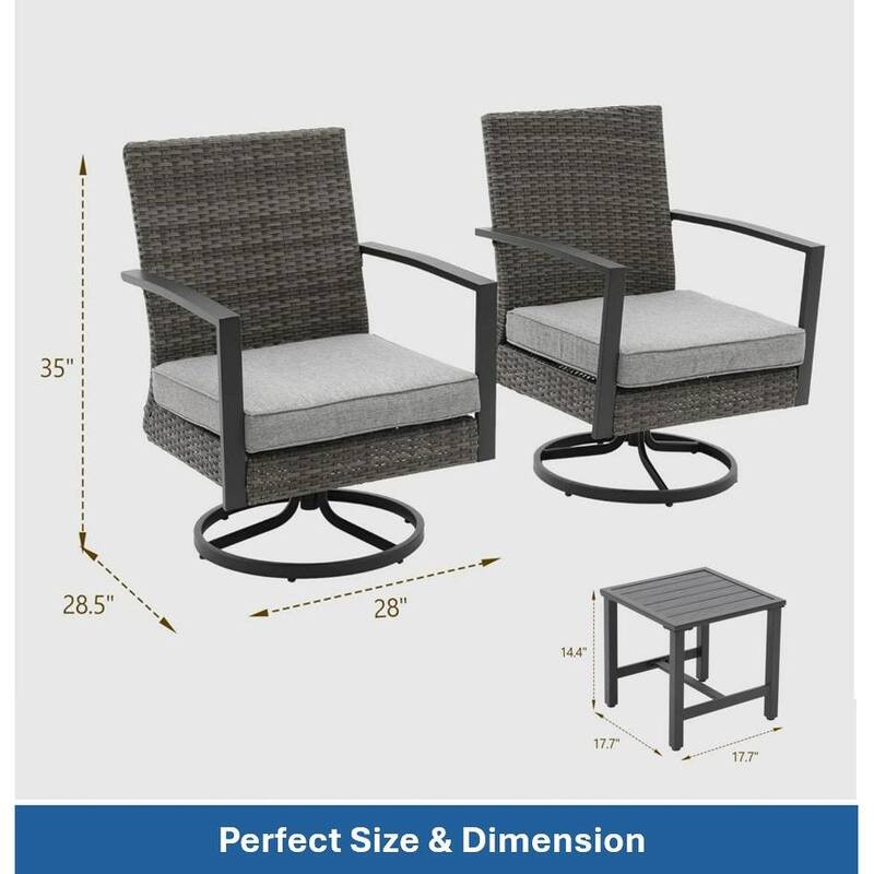 3-Piece Gray Swivel Rocker Patio Bistro Set with Side Table Cushions