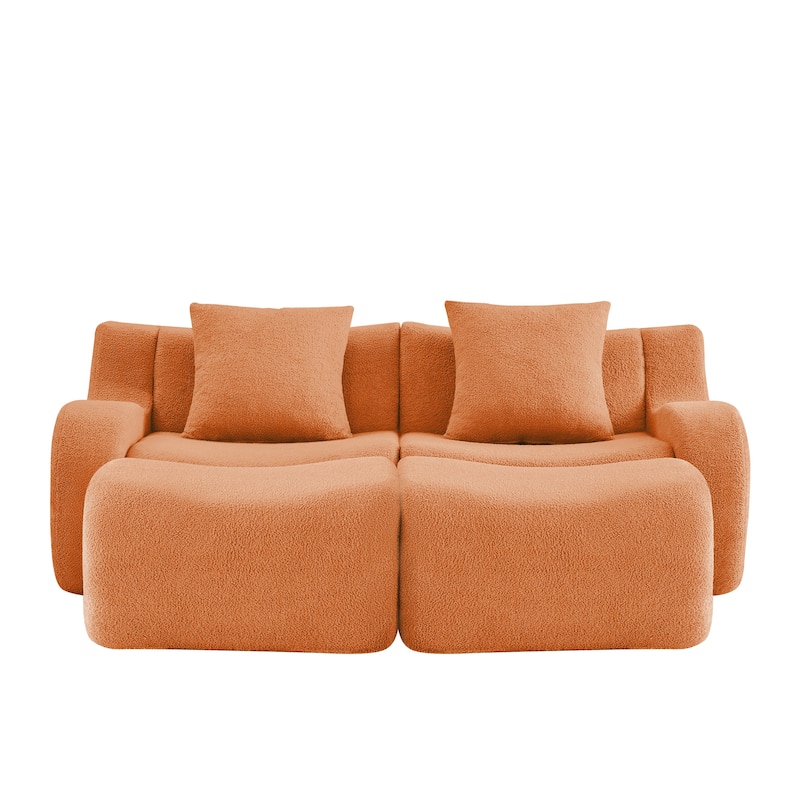 Teddy Fabric Boneless Sectional Sofa Set with 2 Ottoman, Modern Chaise Lounge Sofa with Curved Armrests, Anti-Slip Base