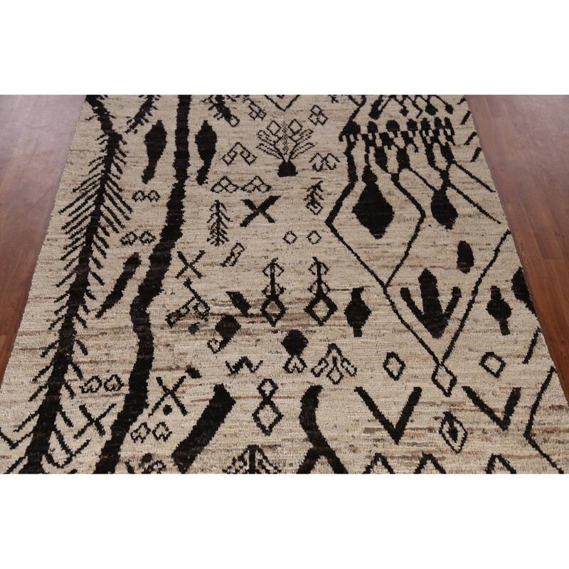 Geometric Moroccan Area Rug Handmade Beige Oriental Wool Carpet - 6'5" x 9'5"