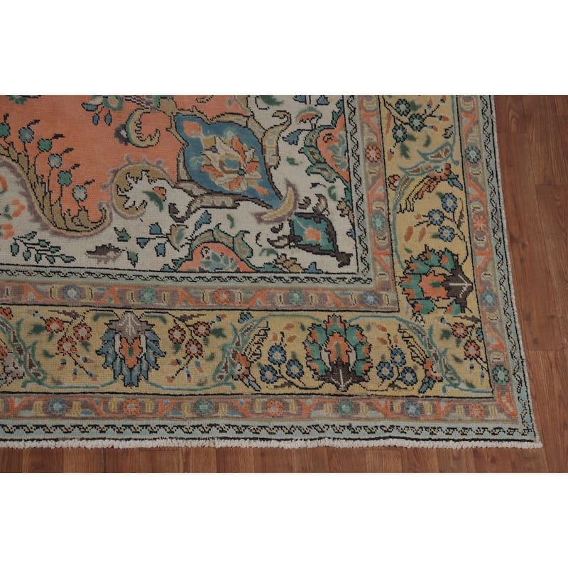 Hand Knotted Oriental 100% Wool Carpet Traditional Geometric Coral Tabriz Area Rug - 12' 7'' X 9' 7''