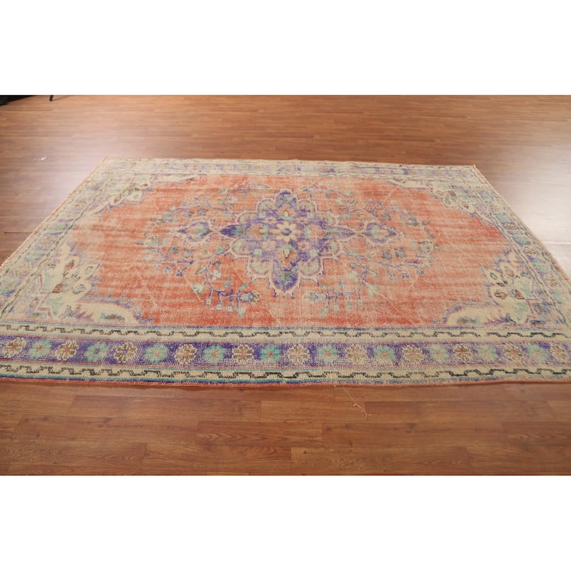 Distressed Sparta Turkish Vintage Area Rug Hand-Knotted Wool Carpet - 6'3" x 9'0"