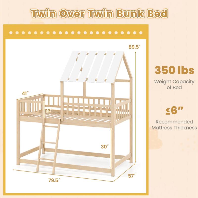 Costway Twin Over Twin House Bunk Bed with Roof, Ladder & Full-length