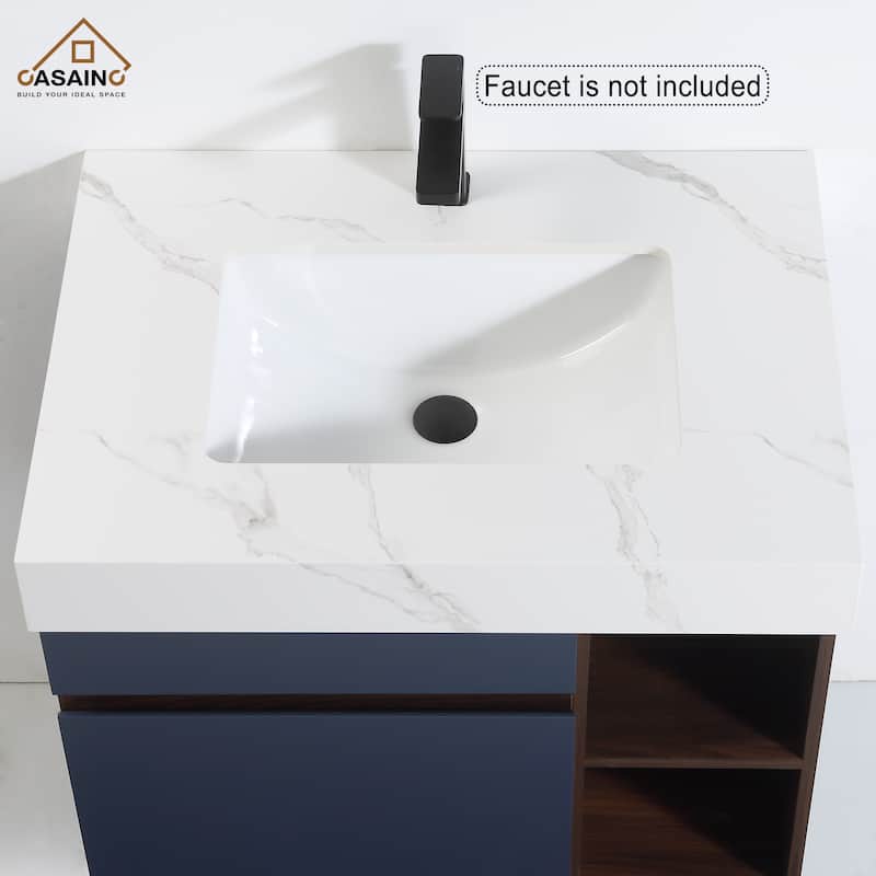 30 in. W Bath Vanity in Navy Blue with White Engineered Stone Top Single Ceramic Undermount Sink