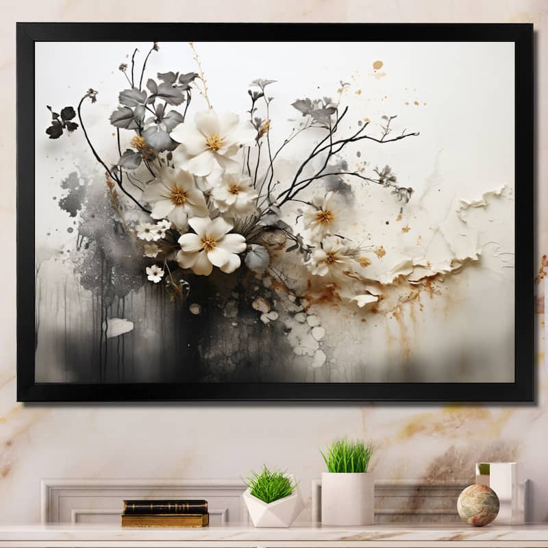 Designart "Bohemian Earthly Floral Collage I" Abstract Framed Wall Art Living Room - Black - 44 in. wide x 34 in. high