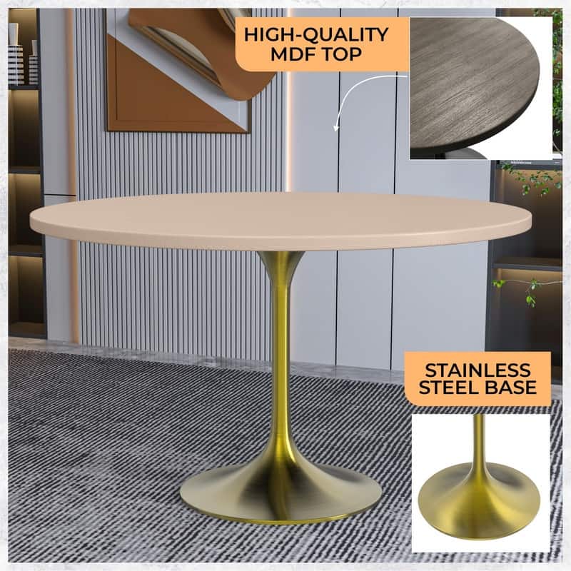 LeisureMod Verve 48" Round Dining Table with MDF Wood TableTop and Brushed Gold Base for Kitchen & Dining Room