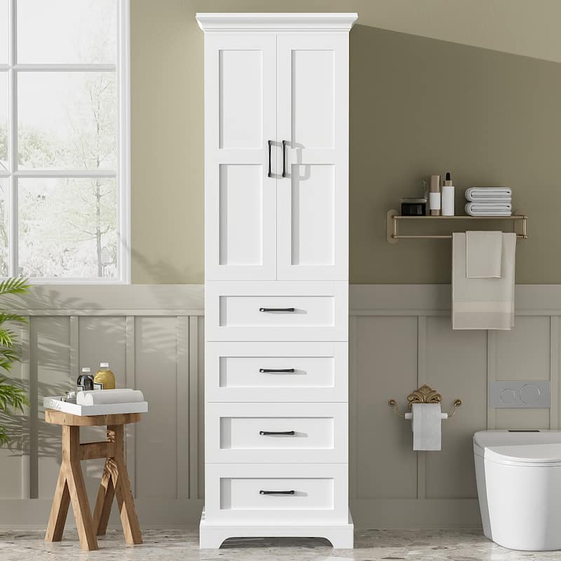 GDFStudio - Nazir 71.6"H Traditional Freestanding Bathroom Storage Cabinet with Adjustable Shelves, Soft-Close Doors & 3 Drawers - White