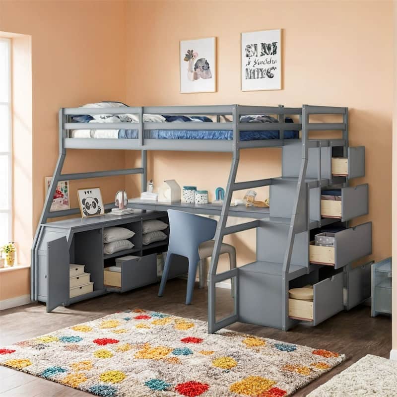 Full Size Loft Bed with 7 Drawers 2 Shelves and Desk