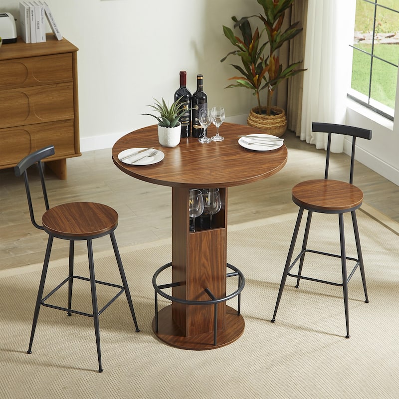3-Piece Bar Table and Stool Set 31.5-inch round bar table with two stools Compact wooden dining bar with metal ring footrest