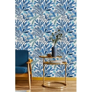 Blue Leaves On White Background Wallpaper - Bed Bath & Beyond - 34986877