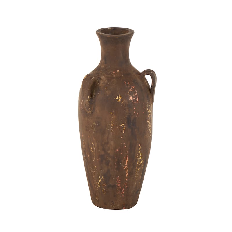 Ceramic Antique Style Distressed Vase with Handles - Dark Brown - Roche River Decor - 11"W x 10"L x 24"H