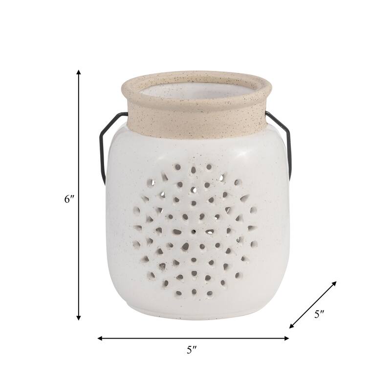 Ceramic Cylinder Flower Cut-Out Lantern - Ivory, 6 in.