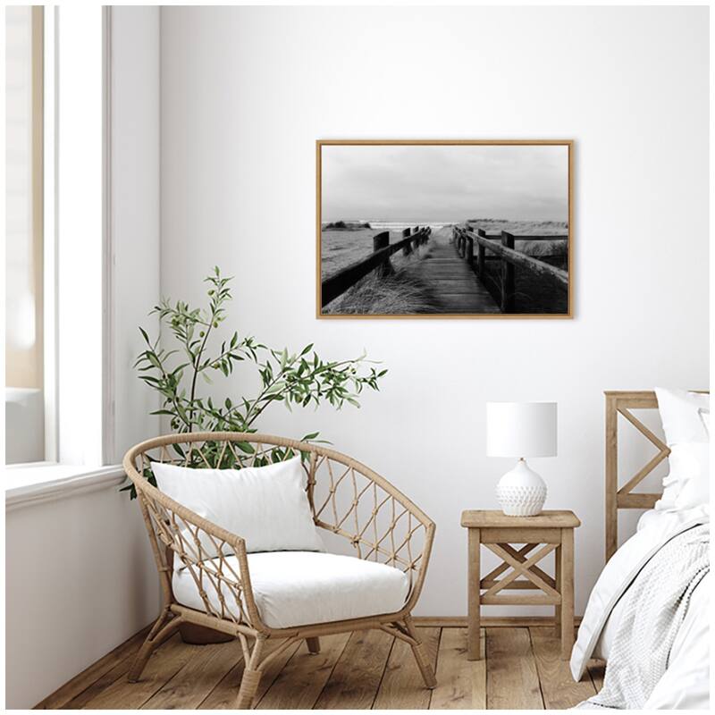 Kate and Laurel Sylvie Coastal Beach Boardwalk Black and White Framed Canvas by Patricia Hasz of Patricia Rae Photography