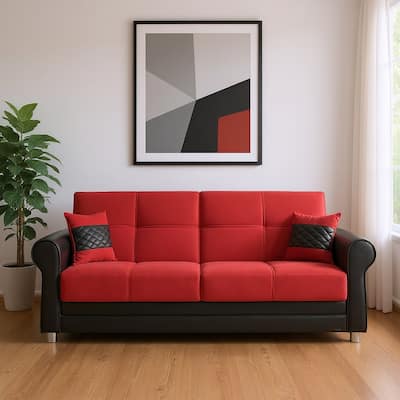 HomeRoots 89" Black And Burgundy Faux Leather And Velvet Convertible Futon Sleeper Sofa With Toss Pillows And Storage