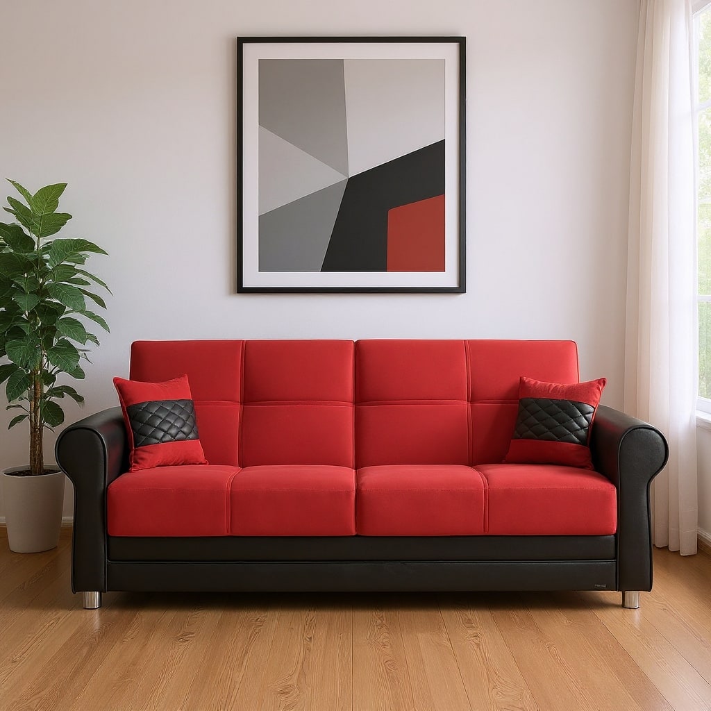 HomeRoots 89" Black And Burgundy Faux Leather And Velvet Convertible Futon Sleeper Sofa With Toss Pillows And Storage