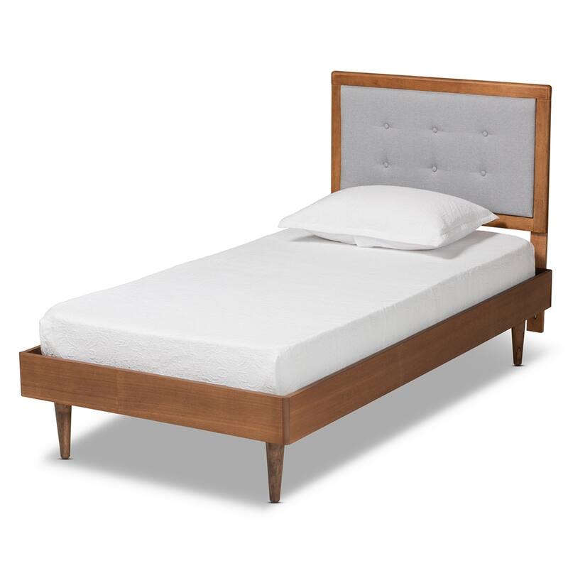 Walnut Brown Twin Size Wooden Platform Bed with Upholstered Headboard and Button-Tufted Details