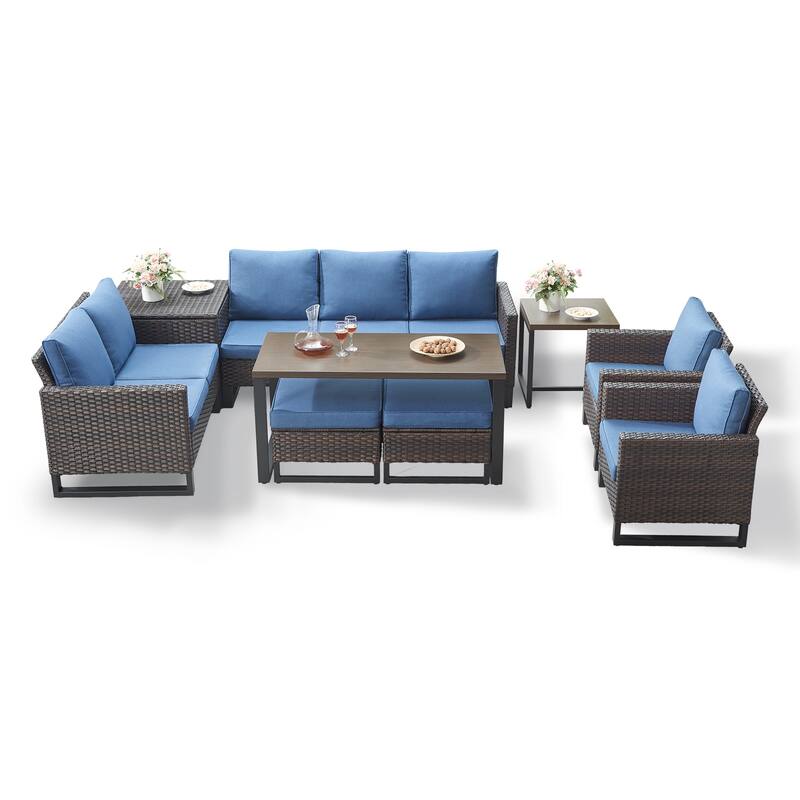 Gymojoy 7-9 Person Outdoor Patio Wicker Conversation Set Group With Armchairs And Ottomans