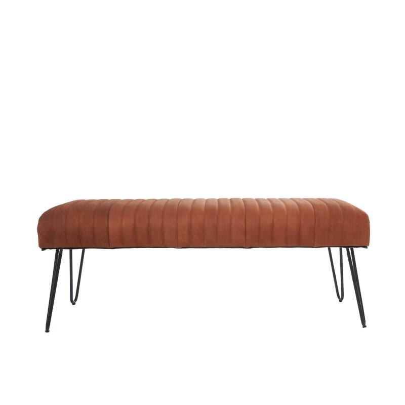 Brown Leather Upholstered Bench with Linear Tufted Panels and Black Metal Hairpin Legs