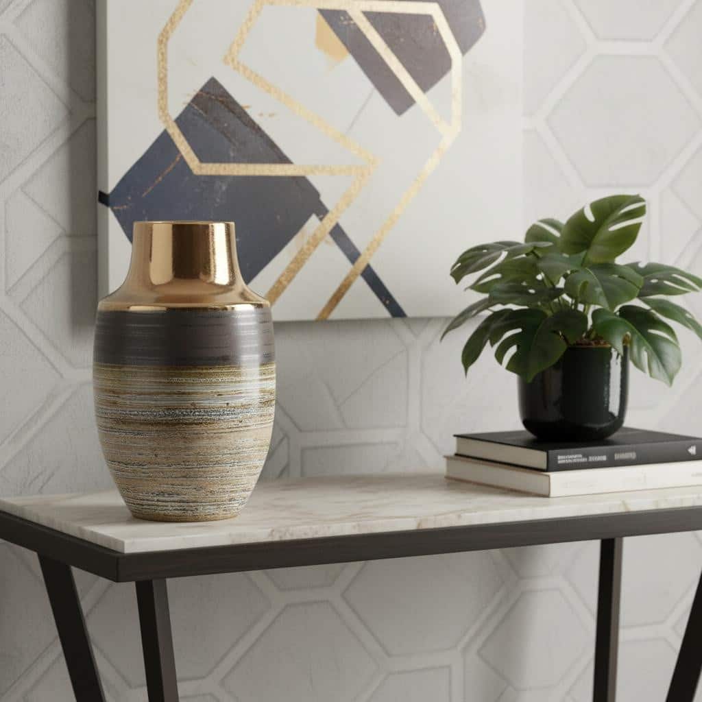 11" Brown And Bronze Striped Ceramic Round Table Vase - 7.30