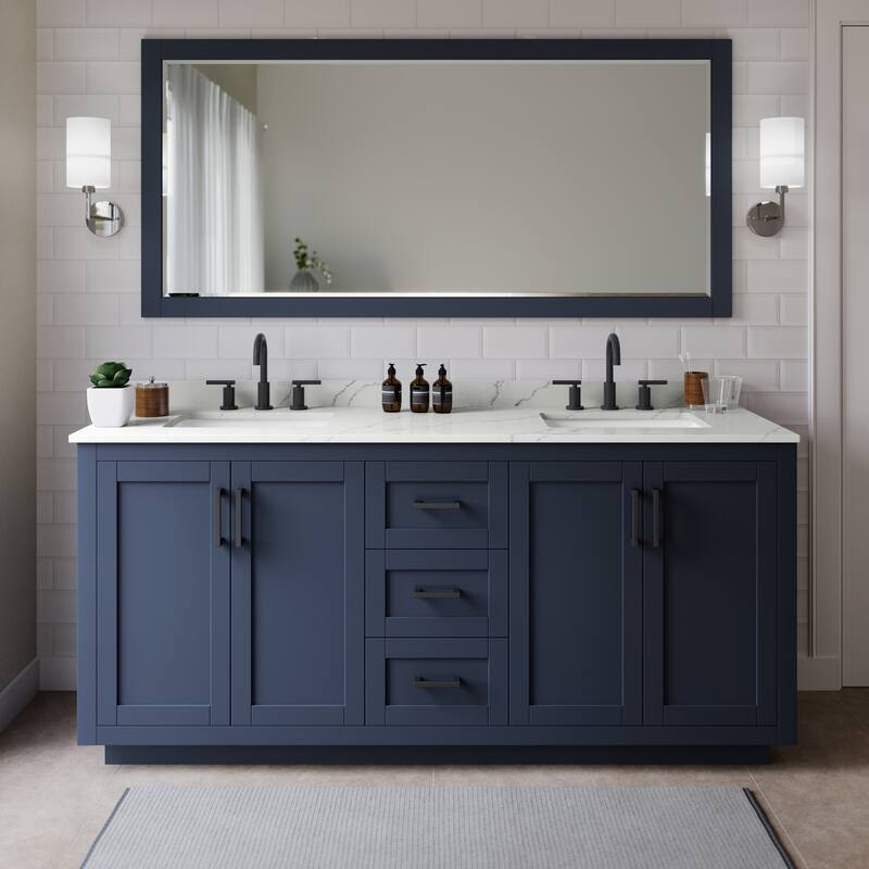 Wyndham Collection WCF292972D-QTZ-US3MXX Miranda 72" Free Standing - Dark Blue / Giotto Quartz Top / Matte Black