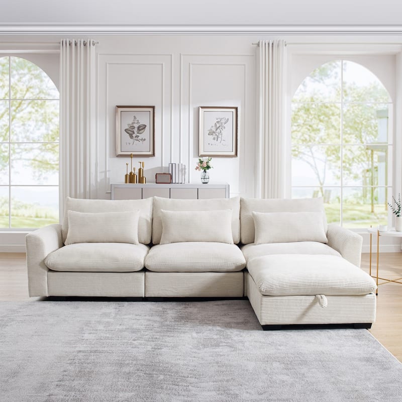 122" Modular Corduroy Sectional Sofa with Storage Ottoman for Living Room