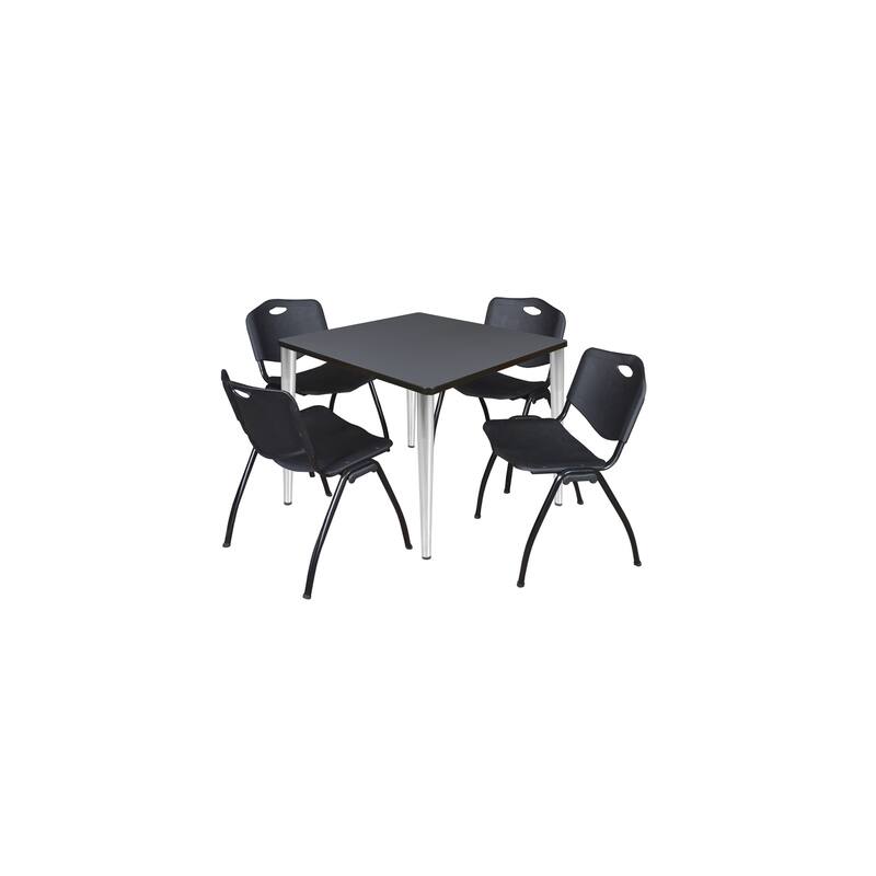 36 in. Square Breakroom Table- Grey Top, Chrome Base & 4 M Stack Chairs- Black