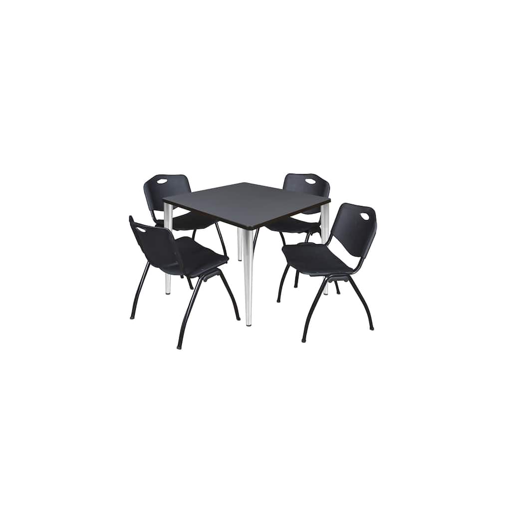 36 in. Square Breakroom Table- Grey Top, Chrome Base & 4 M Stack Chairs- Black