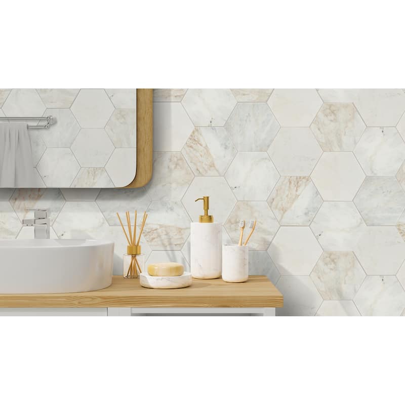 Ackland AKM-S-8X8HTH-CA 8" x 9" Marble Geometric Floor and Wall Tile - - Castella de Blanc