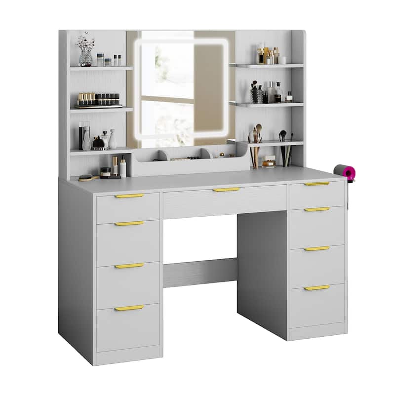 Moasis 9 Drawers Bedroom Vanity Desk,Makeup Vanity with Lighted Mirror and 9 Open Shelves