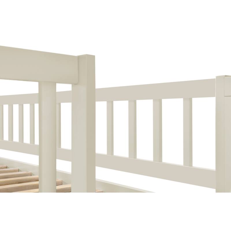 Cream Twin over Full Stairway Bunk Bed with Trundle and Storage